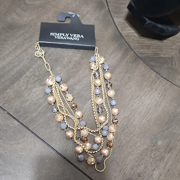 Vera Wang Gold-tine Multi-Strand Necklace with Lavender and Champagne GlassBeads - Picture 4 of 11